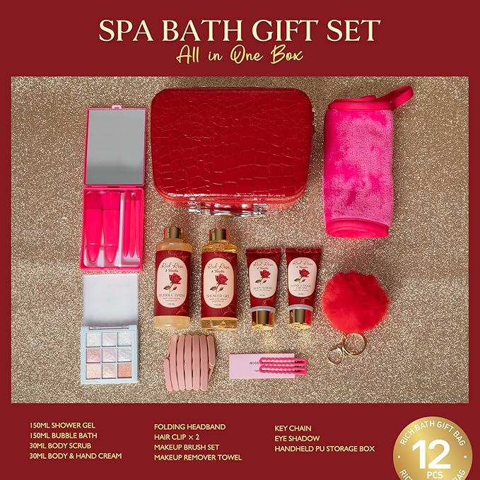 Mothers Day Gifts for Women Birthday Gifts for Women Teens Girls, Spa Gift Set Home Spa, 12 Pcs Rose Vanilla Bath Set, Self Care gifts Bag Makeup Cosmetic Bag, Spa Kit for Teenage Gift, Daughter Gift