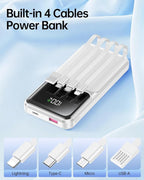 RONEGN Portable Charger with Built in Cable - Power Bank Fast Charging 22.5W USB C 10000mAh LED Display Travel Battery Pack 5 Outputs & 3 Inputs for iPhone Samsung Android iPad Phones Tablets etc