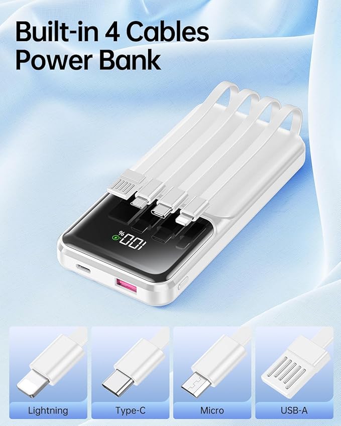 RONEGN Portable Charger with Built in Cable - Power Bank Fast Charging 22.5W USB C 10000mAh LED Display Travel Battery Pack 5 Outputs & 3 Inputs for iPhone Samsung Android iPad Phones Tablets etc