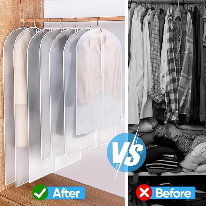 BALEINE 60'' Translucent Garment Bags, 12 Packs PEVA Dress Bag for Closet Clothes Dresses Suit Coats Storage (White, 12PK)