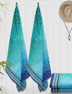 COTTON CRAFT Oversized Beach Towel - 2 Pack 35 x 70 Big & Huge Towel Set - 100% Cotton - Pool Picnic Bath Towel - Plush Terry Jacquard Velour 450 GSM Thick Super Soft Absorbent Luxury - Blue Tiles