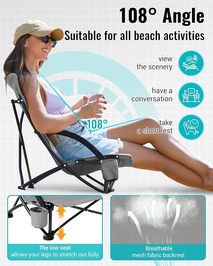 KingCamp Low Beach Chair, High Back Folding Camping Chair for Adults, Oversized Breathable Mesh Seat, 300lbs Heavy Duty Portable Chair with Cup Holder & Storage Pockets for Beach, Outdoor
