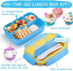 QQKO Bento Lunch Box for Kids Girls Boys, Toddler Kids Lunch Boxes for School, Lunch Containers for Adults with 4 Compartments, Sauce Container, Utensils, Food Picks and Muffin Cups, Blue