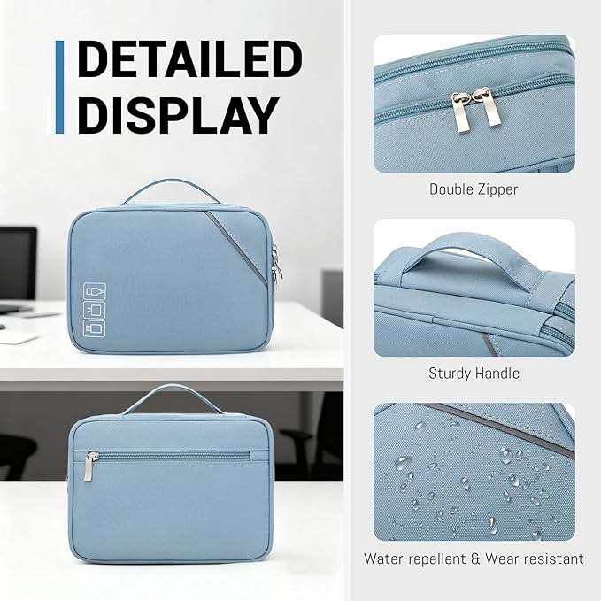 Lanola Electronic Accessories Case,Electronics Travel Organizer, Portable Double Layer Cable Storage Bag for Cord, Charger, Flash Drive, Phone, SD Card,Flash Drive,Adapter - Light Blue