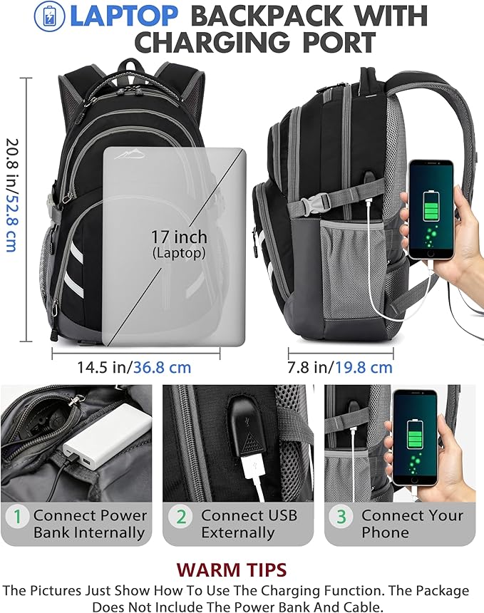 ProEtrade Extra Large Backpack Bookbag for College Laptop Travel, Fit Laptop Up to 17 inch with USB Charging Port Multi Compartment Anti theft, Gift for Women Men (Light Black)