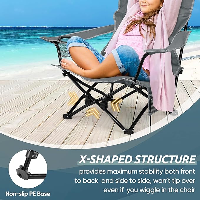HaSteeL Folding Beach Chair Set of 2, Foldable Grey Camping Chairs for Outside, Low Beach Chair Portable for Adults Fishing, Picnic, Outdoor BBQ, Travel, Sports, Cup Holder & Storage Bag