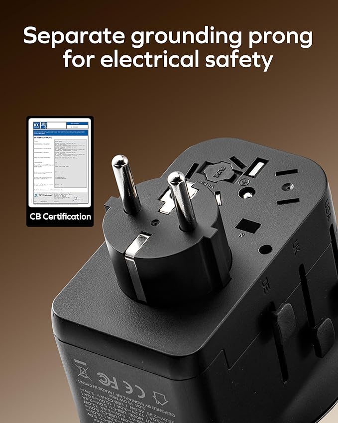 MOMAX Universal Travel Adapter with Separate Grounding Prong, GaN 65W International Power Adapter, Worldwide Plug Adapter for US/UK/EU/AU and 200+ Countries, PD Fast Charger(AC×1 & DC×3), Gold