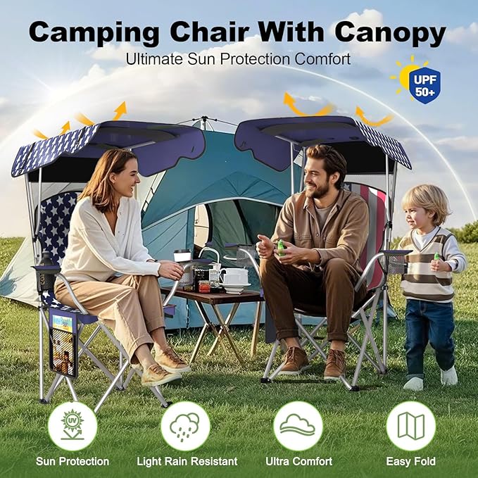 VTOY Portable Camping Chair with Canopy - Folding Chair with Canopy, Durable 600D Oxford Canopy Chair for Camping, Beach, Picnics, Fishing & Sports