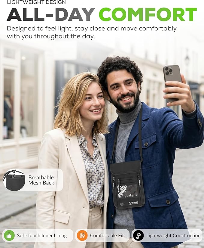 RFID Travel Neck Wallet - Black | Sleek, Secure Passport Holder and Money Pouch with Adjustable Neck Strap for Men and Women to Keep Cash, Credit Cards and Travel Documents Safe.