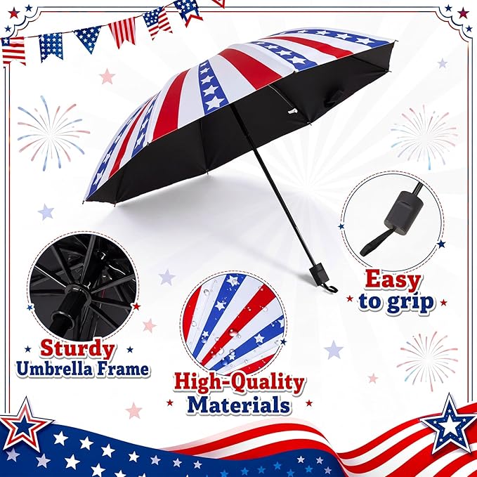 6 Pcs Patriotic American Umbrellas Red White Blue 4th of July Umbrellas with 8-Rib and Black Coating, Windproof