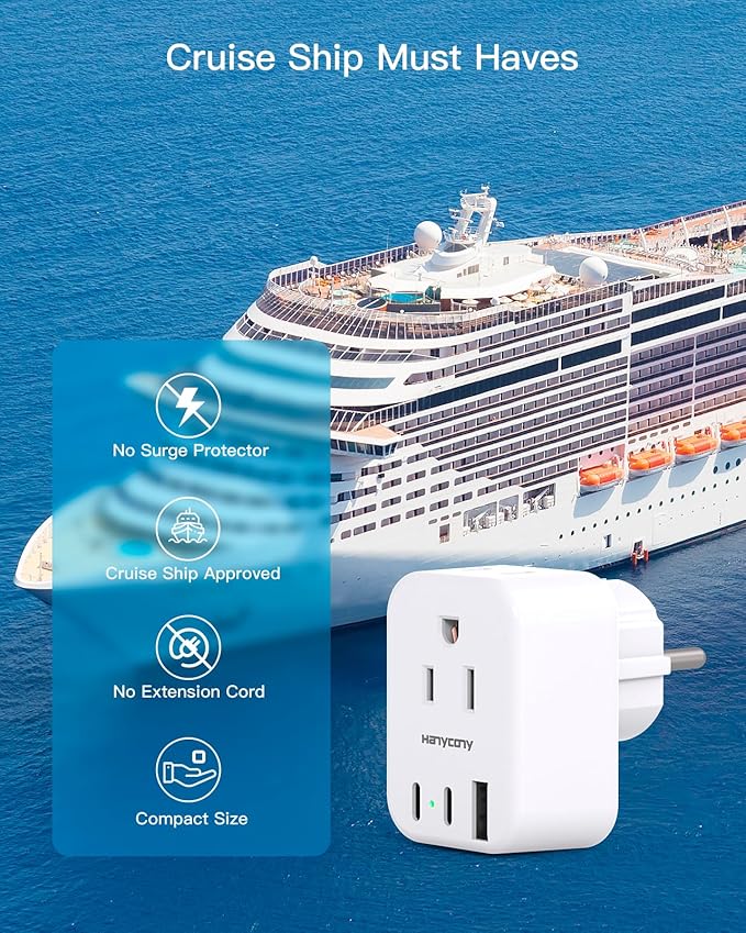 HANYCONY Type E F Plug Adapter, Germany France Travel Plug Adapter with 2 Outlets 3 USB Ports(2 USB C)，Schuko Plug Power Adaptor for US to Europe EU Spain Iceland Korea Greece German French