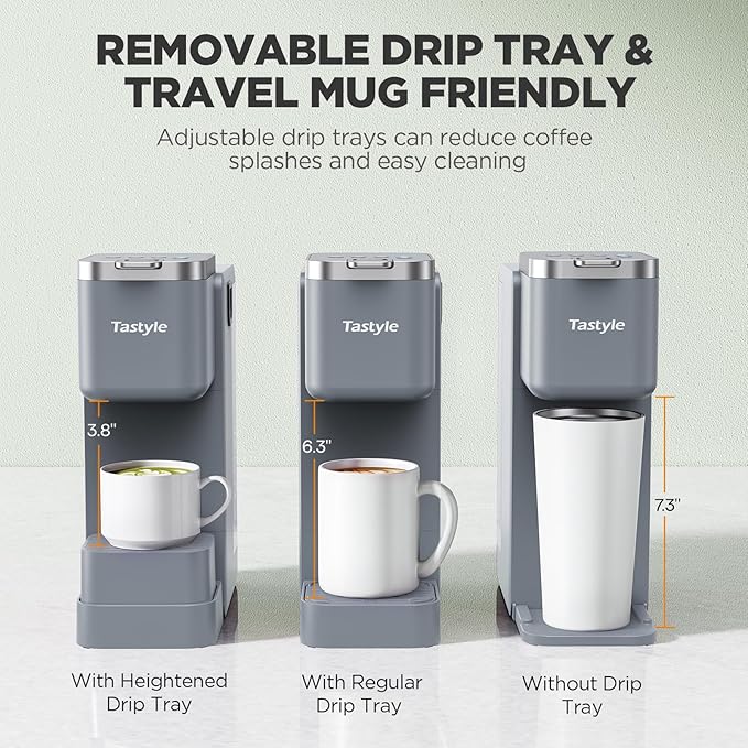 Tastyle Single Serve Coffee Maker with Built-in Detachable Milk Frother, Iced and Hot Coffee Machine for K Cup & Grounds, 40oz Removable Water Reservoir, 6 Cup Sizes, Fits 7.3" Travel Mug, Gray