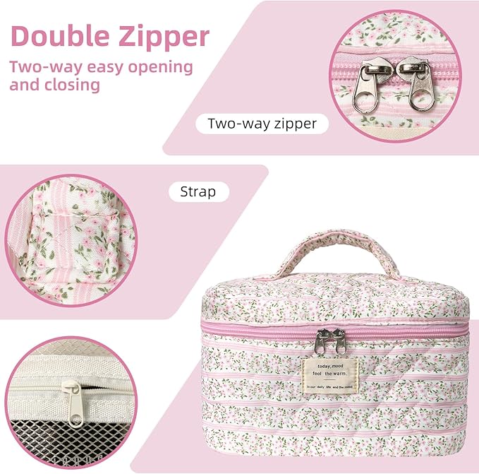 Gosect Makeup Bag Set, Portable Travel Make up Bag, Large Capacity Quilted Cosmetic Organizer Bag, Cute Floral Toiletry Bag for Women Girls (Pink Flower)