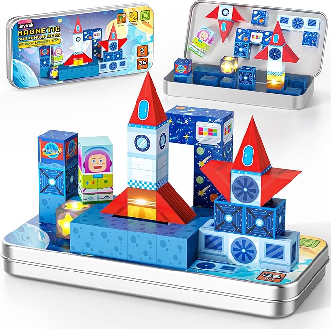 36 PCS Mini Magnetic Tiles Travel Set with Portable Iron Storage Box, STEM Learning Magnetic Building Blocks with LED Light-Up Glow in The Dark, Montessori Sensory Toys Gifts for Toddler, Boys & Girls