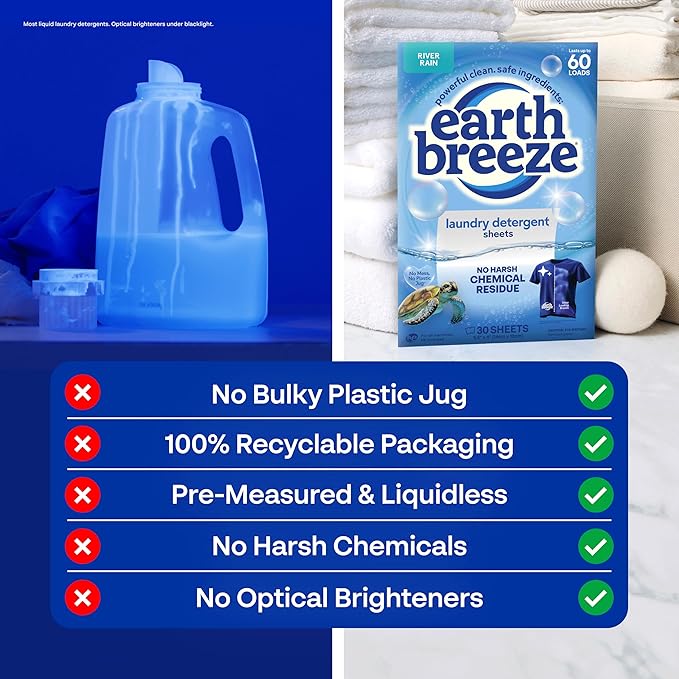 Earth Breeze Laundry Detergent Sheets River Rain - 60 Loads - Eco Laundry Sheets - Travel Laundry Detergent Soap Sheets for Hot & Cold Cycles - Tackles Tough Stains & Odors - Gentle on Skin, 30 Ct
