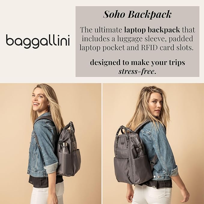 Baggallini Soho Backpack - Travel Laptop Backpack for Women - Lightweight Water-Resistant Luggage Bag, Smoke/Faux Python