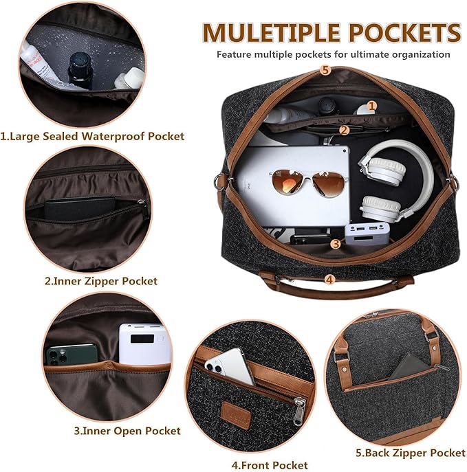 Wogarl 4PCS Weekender Bags for Women Large Overnight Weekend Travel Duffel Carry on Shoulder with Shoe Compartment Canvas Toiletry Bag for Travel Business Gym