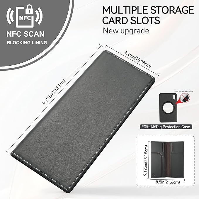 RFID Blocking Leather Passport Holder with AirTag Holder, Travel Wallet with Card Slots, Long Passport Cover for Men & Women (Gray)
