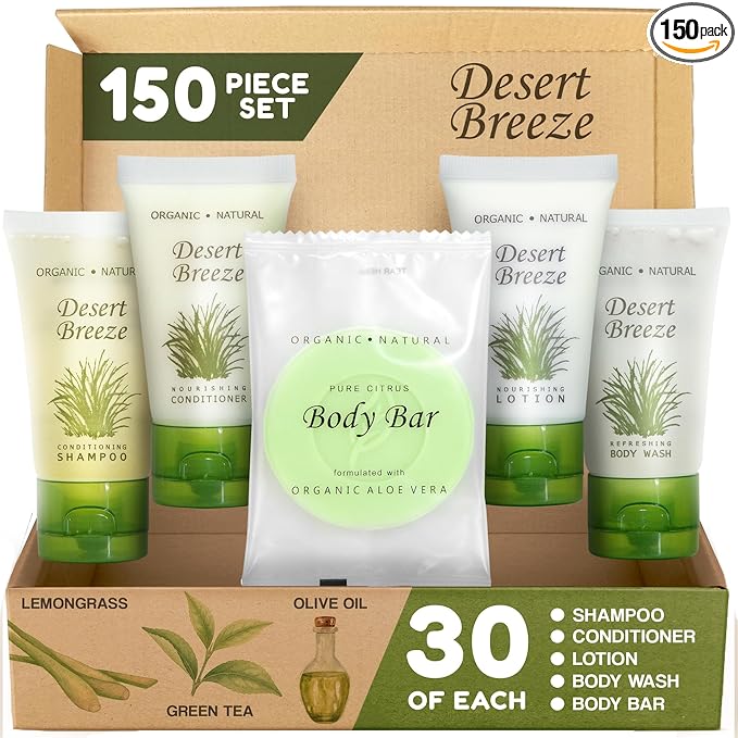 Travel Size Hotel Toiletry Set 150 Count 1 oz Bottles Guest Amenities for Vacation Rentals and Short Term Rentals Paraben Free Green Tea Lemongrass Scent Infused with Aloe and Olive Oil |Desert Breeze