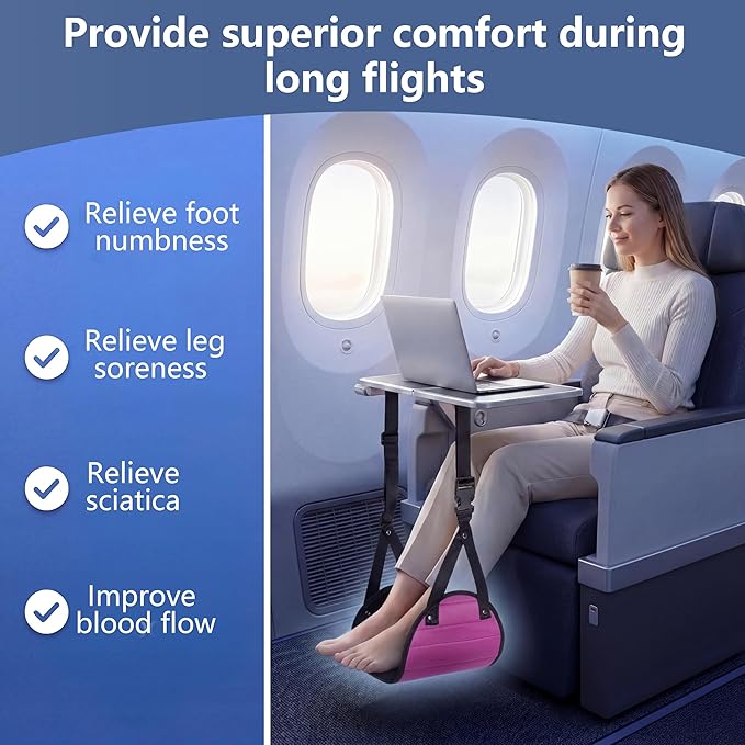 Airplane Footrest Hammock, Adjustable Foot Rest for Long Flights - Travel Must-Haves and Travel Essentials,Portable Airplane Gadgets for Flying Comfort(Rose Red,1 Pack)