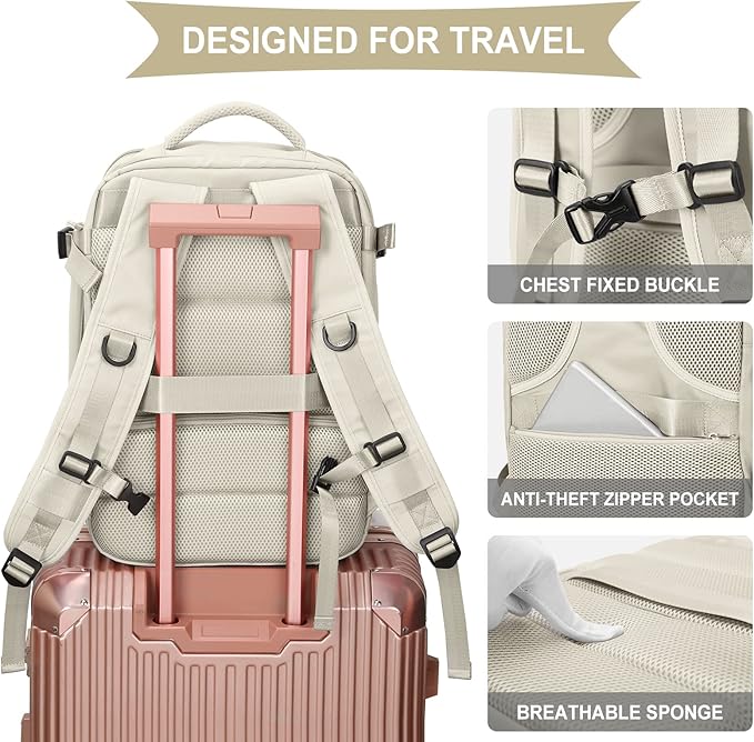 WONHOX Large Travel Backpack Women, Carry On Backpack,Hiking Backpack Waterproof Outdoor Sports Rucksack Casual Daypack with USB Charging Port Shoes Compartment,Beige