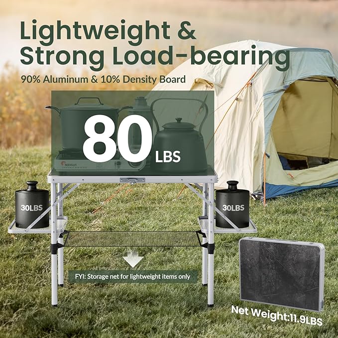 Titanker Folding Camping Table 3ft, Large Camp Table Portable with Extra Side Racks & Storage Net, Folding Picnic Table, Outdoor Patio Table, RV/Car Camping Essentials, Aluminum, Silver