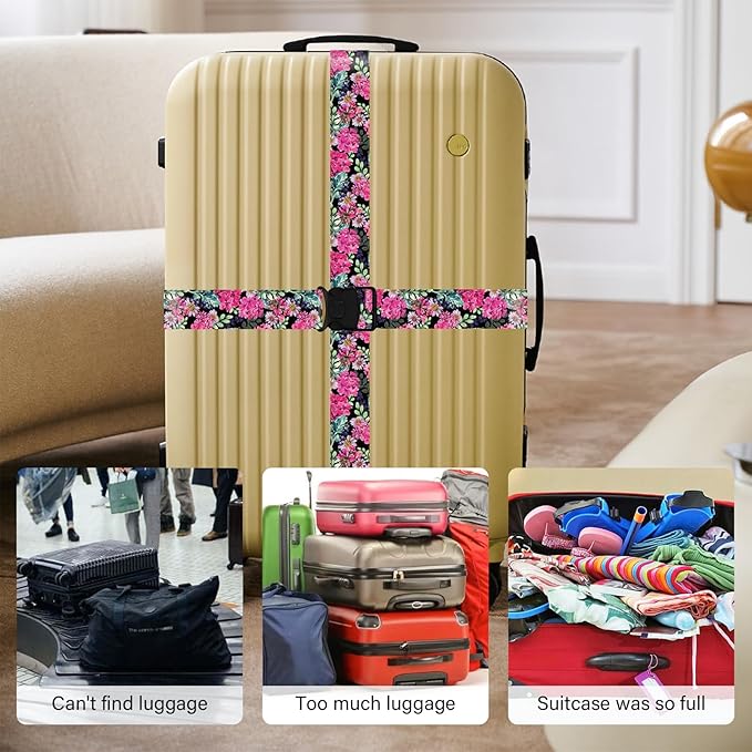 2 Pack Luggage Straps for Suitcases, Adjustable Travel Belt with Double Lock and Quick Release Buckle, Heavy Duty Nylon Bag Packing Strap, Bright Identifiers Business Travel Accessories-Pink Flowers
