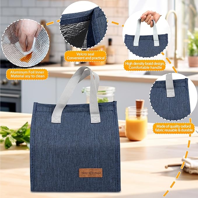 VZZNN 24 Pack Lunch Bags Bulk,Insulated Reusable Lunch Bags with Aluminum for Women Men,Leakproof Tote Large Lunch Box for Office,Work,Beach or Travel,Black