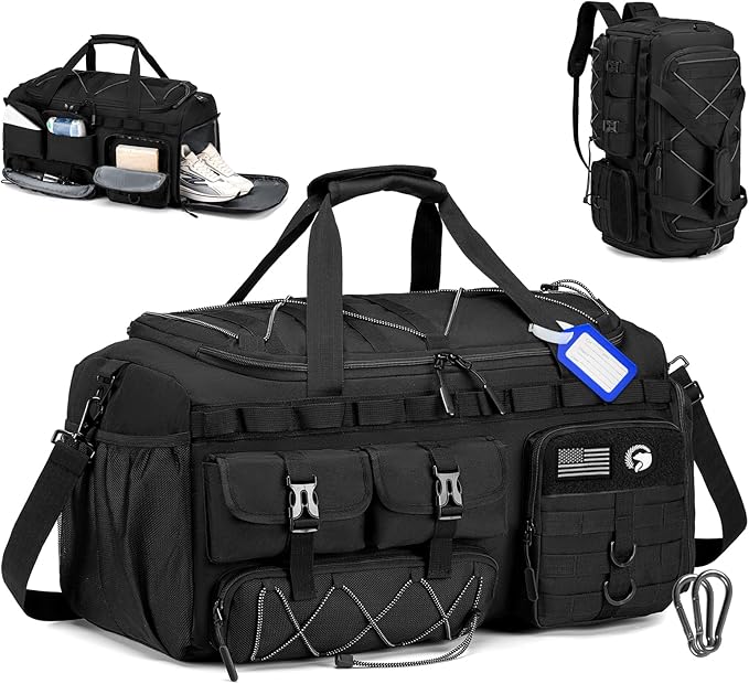 Gym Bags for Men with Shoe Compartment 60L Tactical Duffle Bag 3 in 1 Carry on Duffel Bag Travel Backpack Weekender Overnight Range Bag for Workout Football, Black