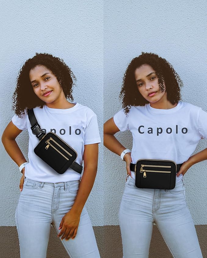 Capolo Fanny Packs for Women Fashion Waist Packs Bag with Adjustable Strap and 4 Zipper Pockets Waterproof Everywhere Crossbody Belt Bag for Workout Running Travelling(Black, Large)