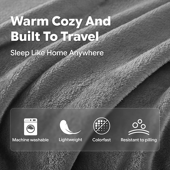 Travel Blanket, Soft 2-in-1 Airplane Blanket, 65x40 Inches, Travel Blanket Airplane Compact with Bag, Car Blanket with Luggage Sleeve & Backpack Clip (Light Grey)