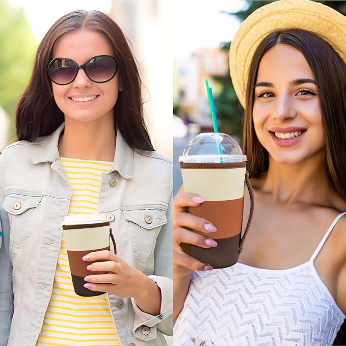KJQJLY 3 Pack Reusable Iced Coffee Sleeves for Iced Coffee Cups or Drinks Reusable Neoprene Insulated Sleeves for Hot and Cold Drinks from Starbucks, Dunkin, And More (Mocha Brown)