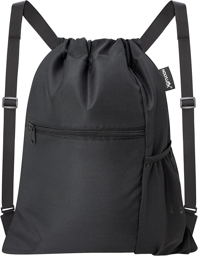 HOLYLUCK Men & Women Outdoor Sport Gym Sack Waterproof Drawstring Backpack Bag (Standard with width webbing, Black-1)