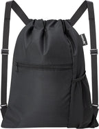 HOLYLUCK Men & Women Outdoor Sport Gym Sack Waterproof Drawstring Backpack Bag (Standard with width webbing, Black-1)