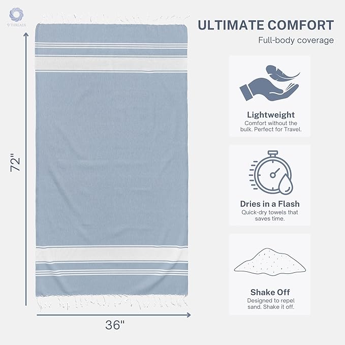 Cotton Turkish Beach Towel with Towels Oversized 36"x72" Pool Absorbent Extra Large Quick Dry Sand Travel Towel (Sky Blue, 4 Pack)