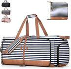 Lekesky Foldable Travel Duffle Bag for Women, Large Duffel Bag with Separate Shoes Compartments & Straps, Carry On Weekend Bag for Women, Hospital, Overnight (Blue Stripe, 150L)