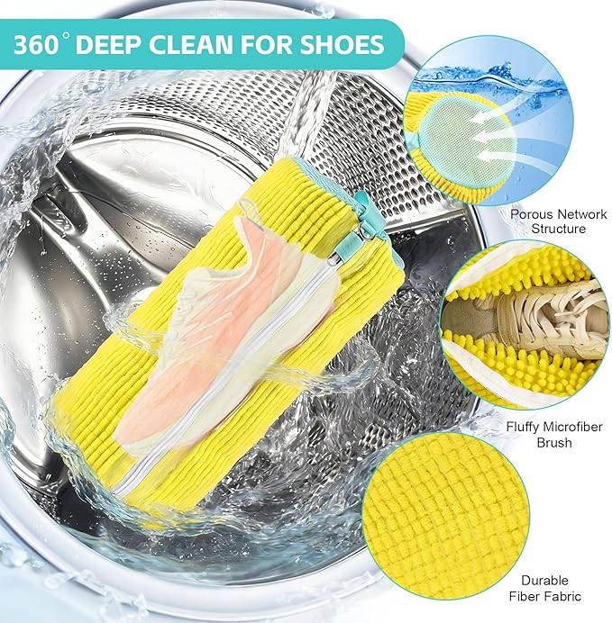 Shoe Washing Machine Bag Reusable Sneaker Washing Bag with Built-in Fluffy Brushes for 360° All-Around Cleaning, Laundry Shoe Bag is Designed for Washer and Dryer （Yellow 2pcs）