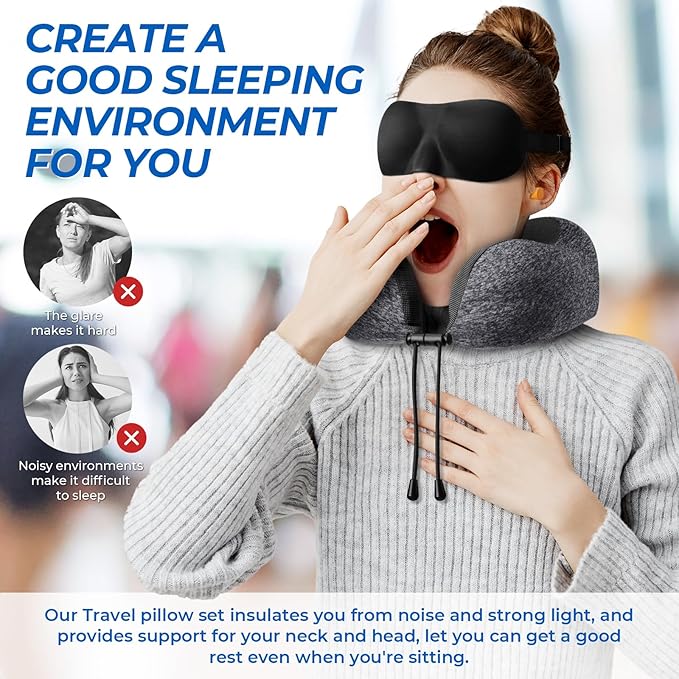 ExploreBliss Travel Pillow, 2 Pack Travel Pillows for Sleeping Airplane, Neck Pillow Airplane, Memory Foam Neck Pillow Set with Eye Mask, Earplugs and Storage Bag -Grey & Pink