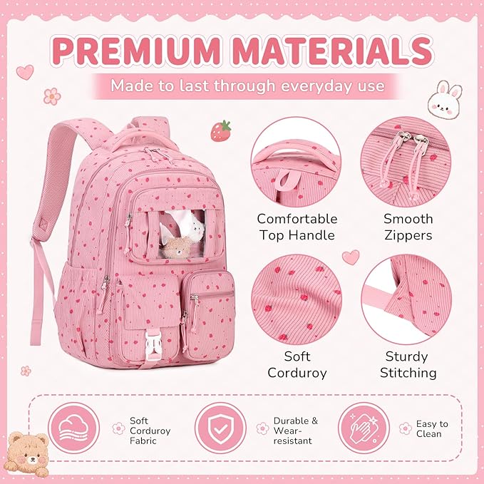 PIG PIG GIRL Corduroy Backpack 3PCS Kids Backpack for Girls School Bags for Middle School Students Book Bag for Elementary Primary Kawaii Ita Backpack with Lunch Box Pencil Case Set, Pink Strawberry