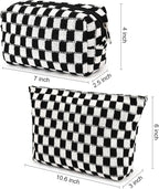 SOIDRAM 2 Pieces Black Makeup Bag Large Checkered Cosmetic Bag Capacity Canvas Mix Travel Toiletry Bag Organizer Cute Makeup Brushes Aesthetic Accessories Storage Bag for Women, Checkered Mix Black
