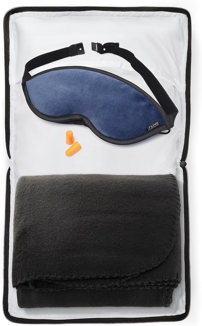 Lewis N. Clark Ultimate Comfort Set + Portable Travel Kit for Airplane, Includes Inflatable Pillow + Zippered Carrying Case, Cozy Fleece Blanket, Eye Mask for Sleeping & Foam Ear Plugs, Black