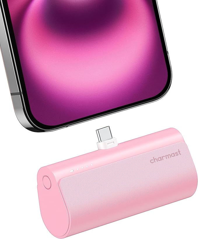 charmast Portable Charger USB C for iPhone 17/16/15, 5000mAh Fast Charging Power Bank with Built-in Type-C Connector, 20W Mini Battery Pack for iPhone 17/16/15 Series, Samsung S25/S24/S23, and More