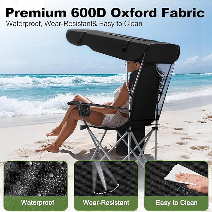 VTOY Portable Camping Chair with Canopy - Folding Chair with Canopy, Durable 600D Oxford Canopy Chair for Camping, Beach, Picnics, Fishing & Sports