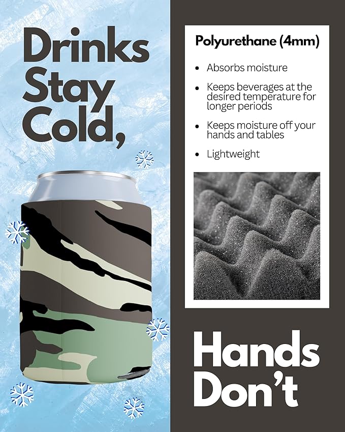 PartyPrints 200 Pack Camo Blank Can Cooler Sleeves, Customizable Bulk Insulated Foam for Beer, Collapsible Plain Drink Holder, Cold Soda Insulator, 12oz Regular, 16oz Tall Cans