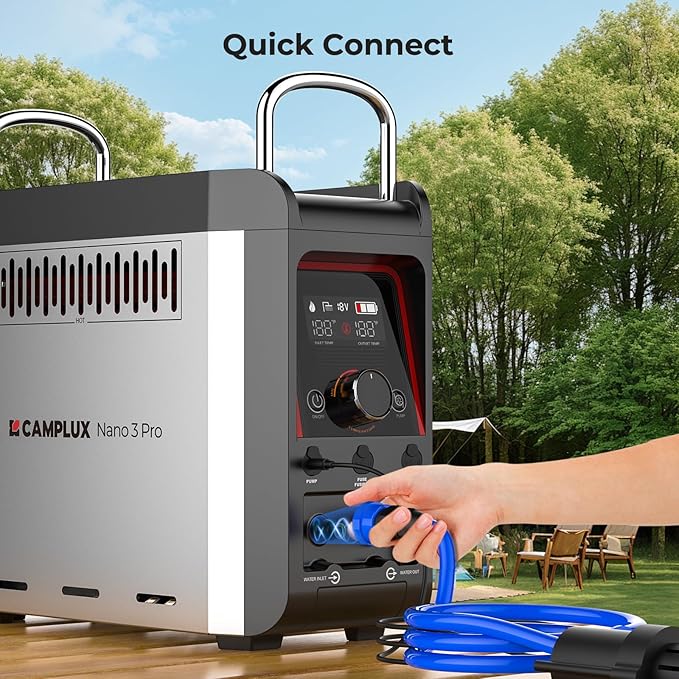 CAMPLUX Nano 3 Pro, Battery Powered Portable Water Heater, 1 lb On-Demand Propane Camping Shower, On Ground Camp Water Heater & Shower Pump, CSA Certified Safety