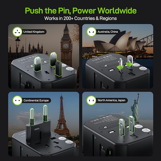 EPICKA Pulse 45W International Power Adapter, Universal Travel Adapter with PD Fast Charging, 5-Port (1 AC/2 USB-A/2 USB-C) European Travel Plug Adapter, Travel Essentials (Black)