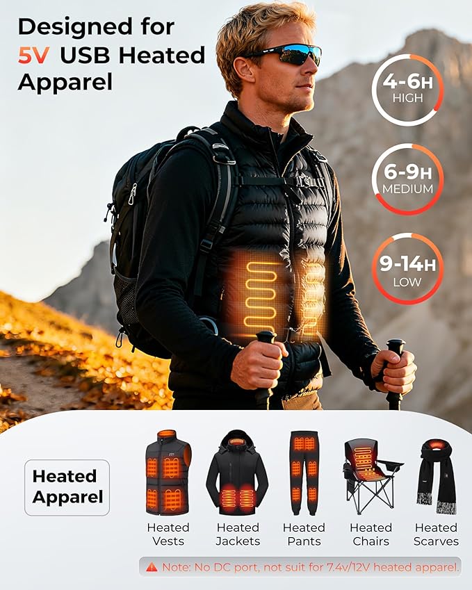 5V 3A/2A 12000mAh Heated Vest Battery Pack, Power Bank for Heated Vest,Chair, Jacket, Blanket with LED Display,Portable Battery Pack for Soleilwear, for KOVNLO, for Yolikeb, for TIDEWE