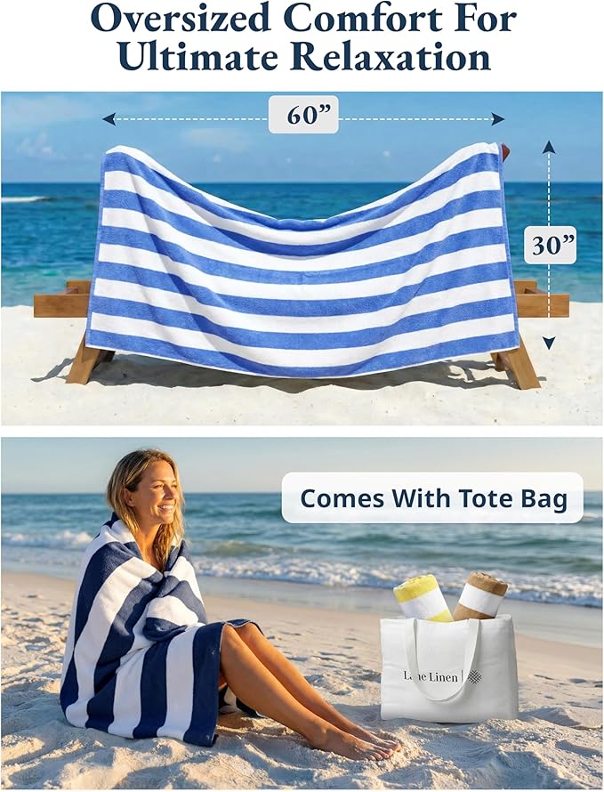 LANE LINEN Beach Towels 4 Pack - 520 GSM 100% Cotton Pool Towel for Adults – (30" x 60") Beach Towels Oversized, Thick & Highly Absorbent - Super Soft, Comfy & Quick Dry Cabana Stripe Large Towel