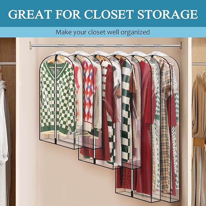 50" All Clear Garment Bags for Hanging Clothes, 4" Gusseted Suit Bags for Closet Storage, Plastic Garment Covers with Zipper for Coats, Jackets, Shirts, 4 Packs