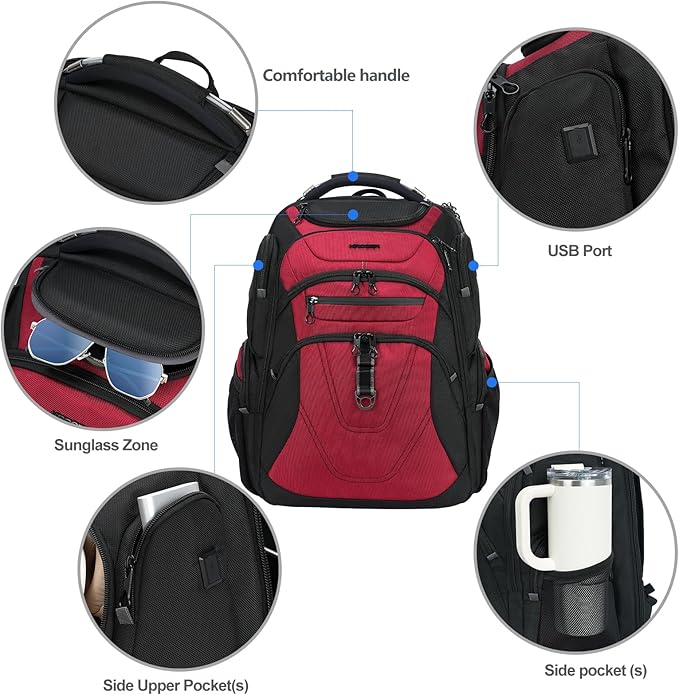 KROSER TSA Friendly Travel Laptop Backpack 18.4 inch XXXL Gaming Backpack Water-Repellent College Daypack Business Backpack with RFID Pockets & USB Port for Men/Women-Black/Red
